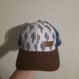 Ariat Trucker Cap Hat Brown Blue White Mens Adjustable Snapback Logo Cactus NWOT